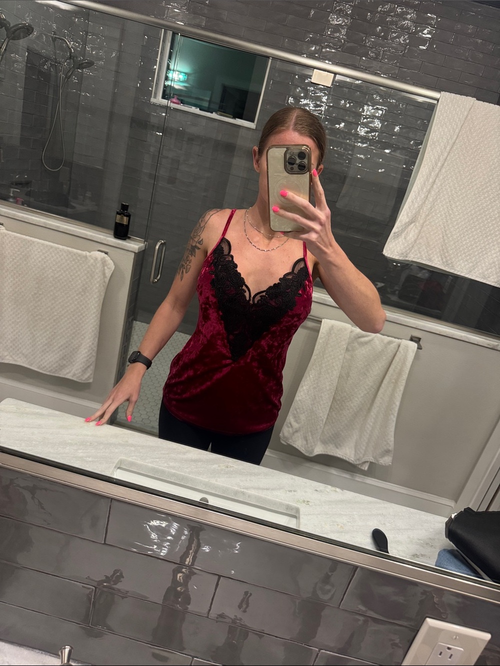 VENUS Burgundy Velvet Cami with Black Lace Trim